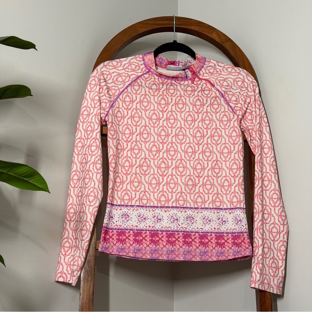Cabana Life Kids 14 Pink White Boho Print Long Sleeve Swim Top Rash Guard